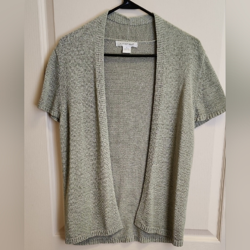 August Silk Women's Cardigan Short Sleeve Light Green/Gray Open Front Size S